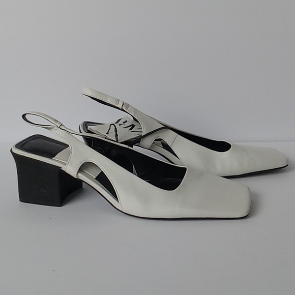 NWT Zara Genuine Leather Cream Slingback Square Toe Chunky Kitten Heels - Picture 4 of 7